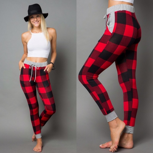 plaid print joggers jogging pants pockets red - Picture 4 of 6